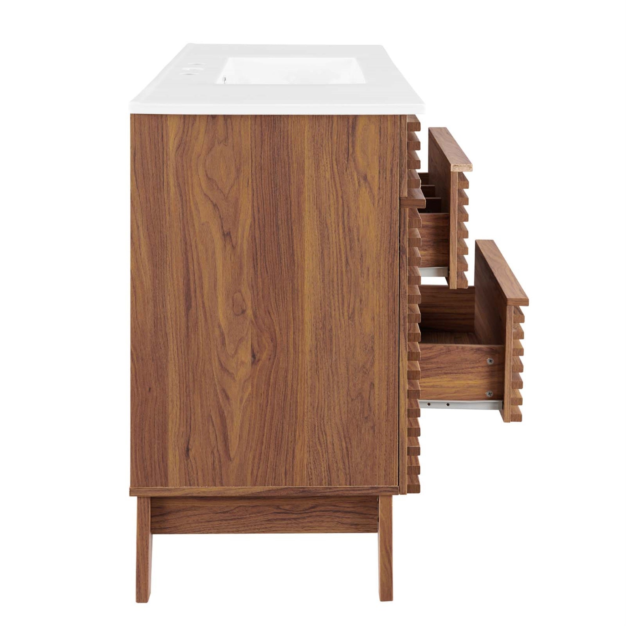Render 48'' Mid-Century Bathroom Vanity - Walnut Grain Laminate, Ample Storage, Ceramic Single Sink, Retro Modern Design