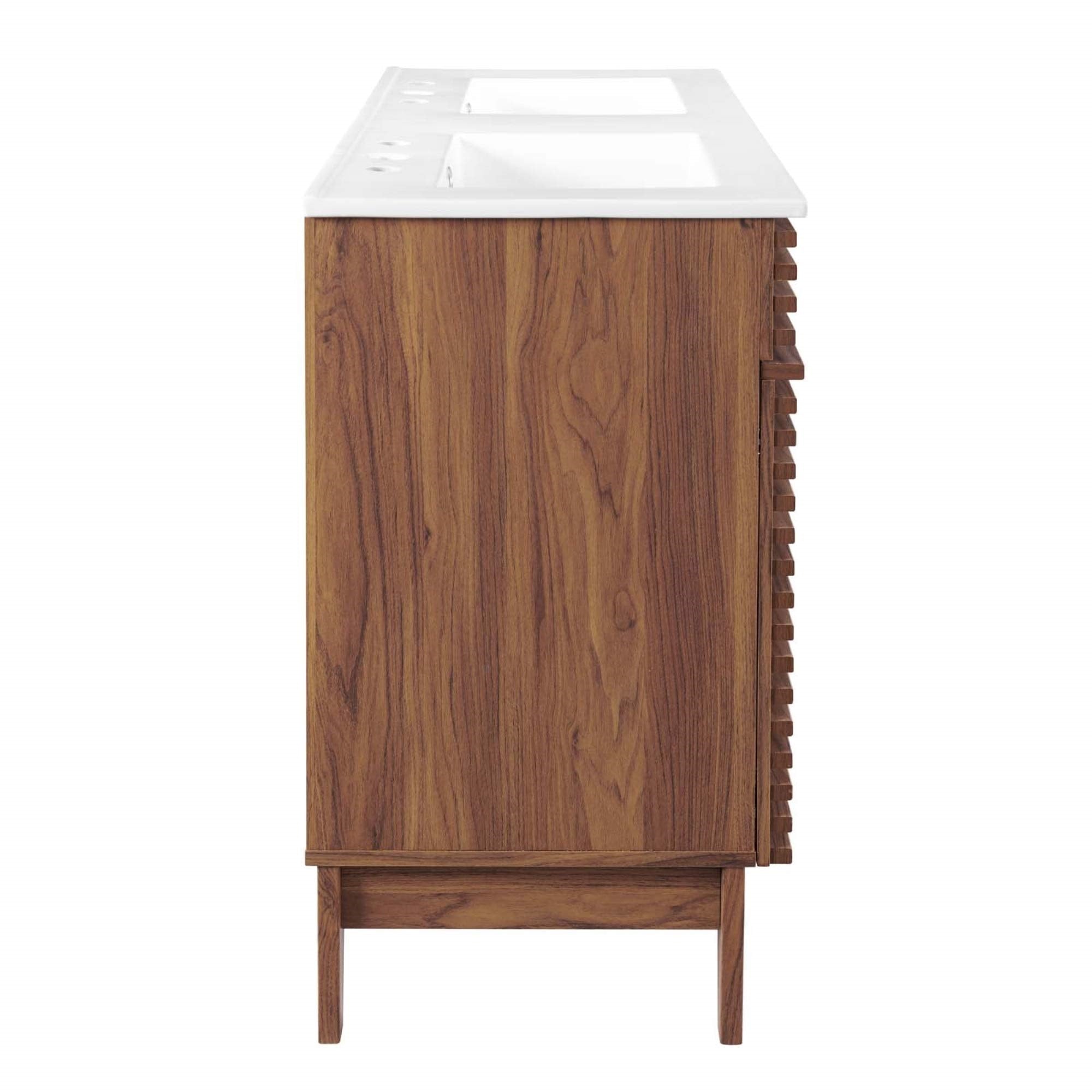 Yardlio Mid-Century Modern Walnut Laminate Double Sink Bathroom Vanity - Render 48''