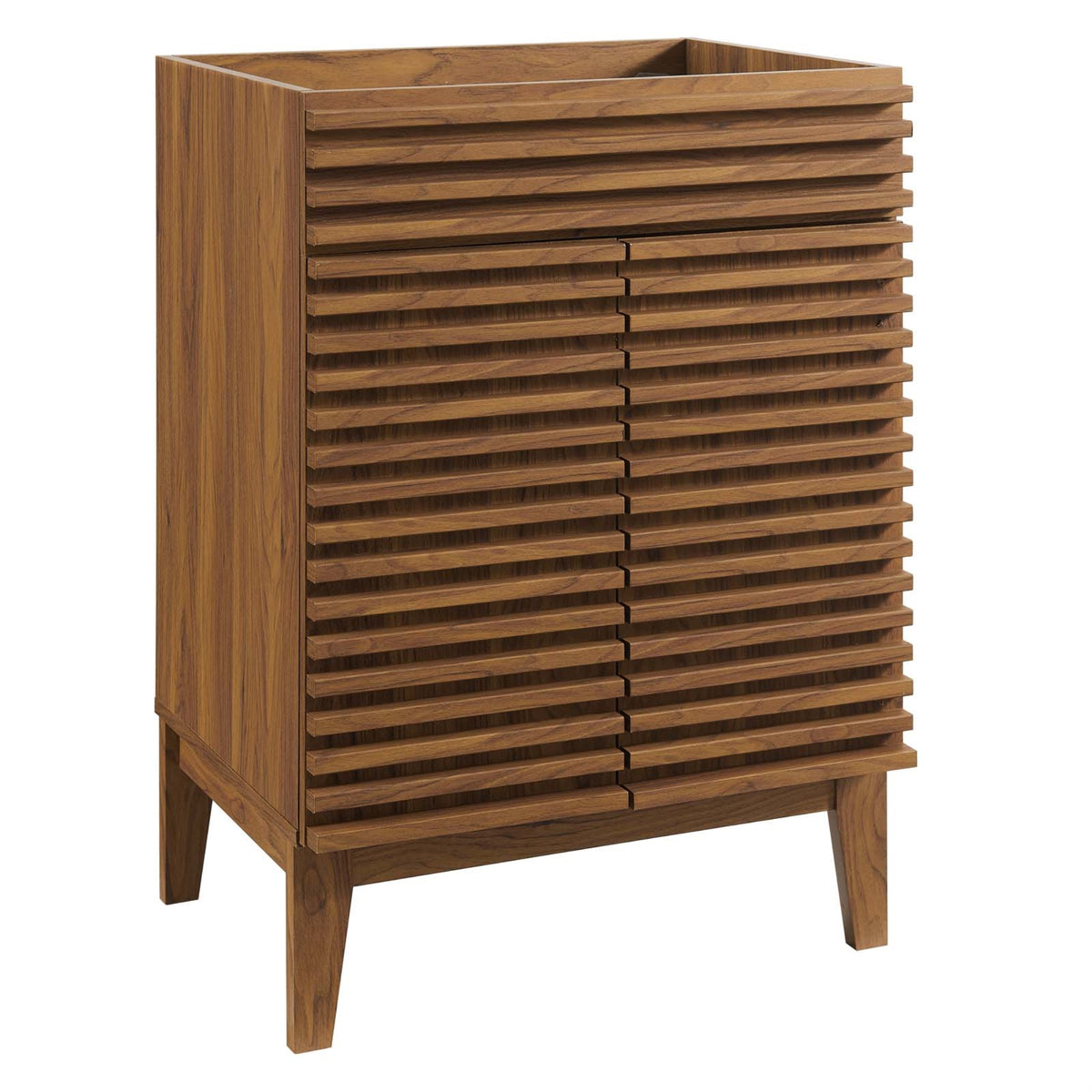 Mid-Century Modern Render Vanity Cabinet - Walnut Finish, Adjustable Storage, Soft-Close Doors. Sink Basin Not Included.