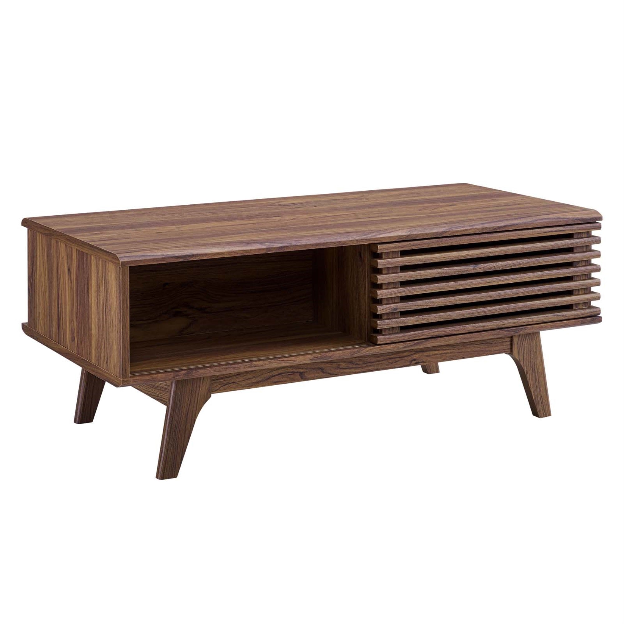 Mid-Century Charm: Render Coffee Table - Walnut Laminate, Sliding Door, Splayed Frame - Versatile & Stylish. Ideal for showcasin