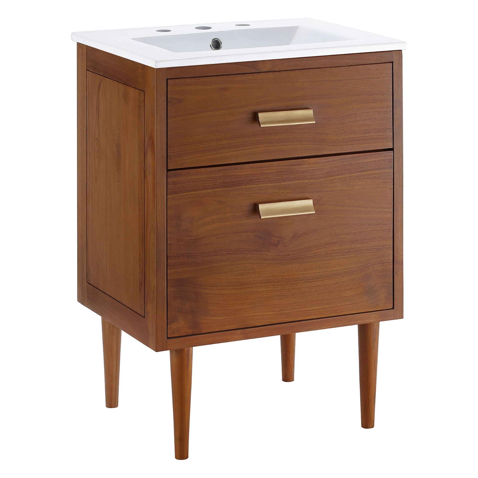 Ergode 24'' Teak Wood Bathroom Vanity with Brass Hardware, Ceramic Sink Basin - Mid-Century Charm, Tropical Vibes, Ample Storage