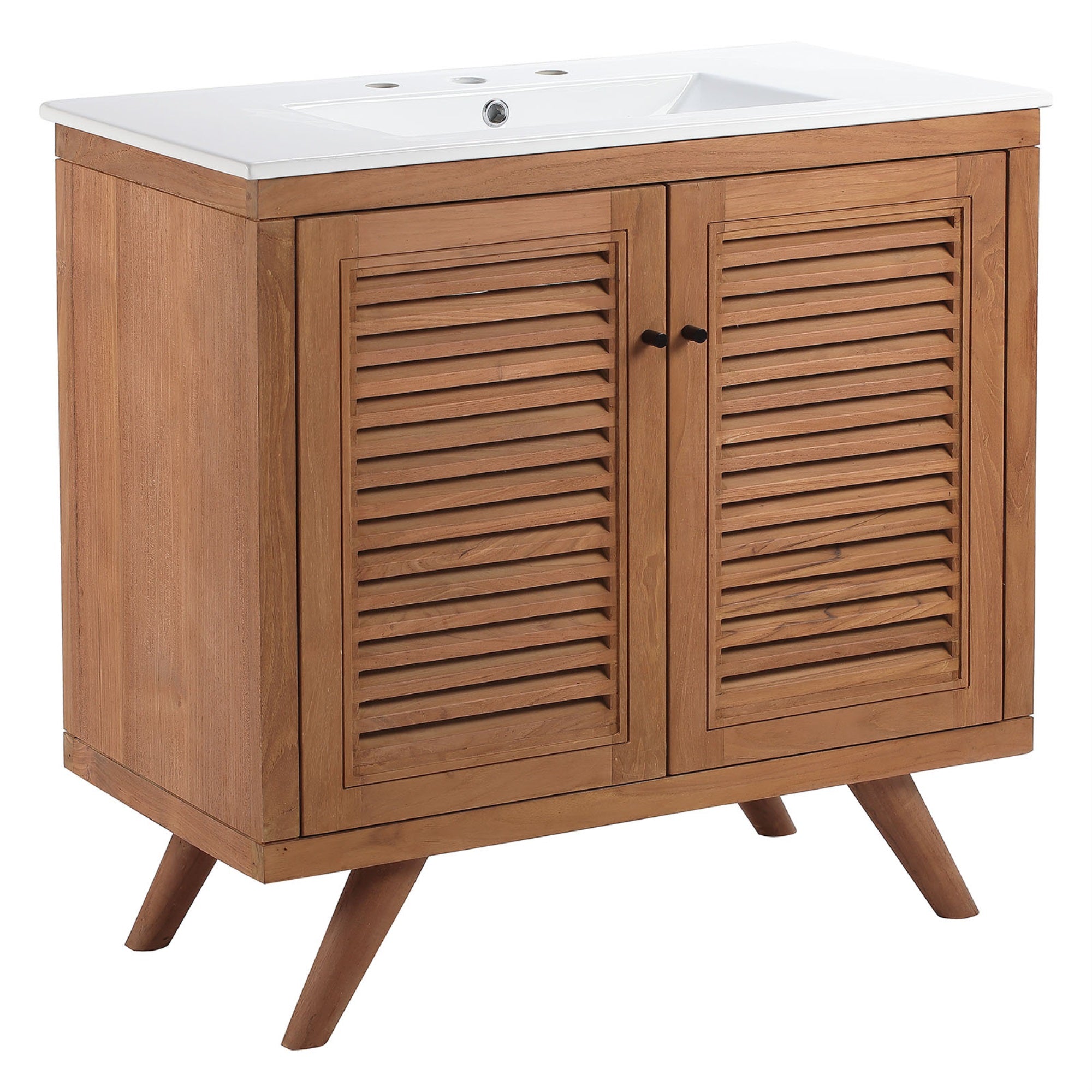 Ergode 36'' Bathroom Vanity - Teak Wood Construction, Slatted Doors, Ceramic Sink Basin