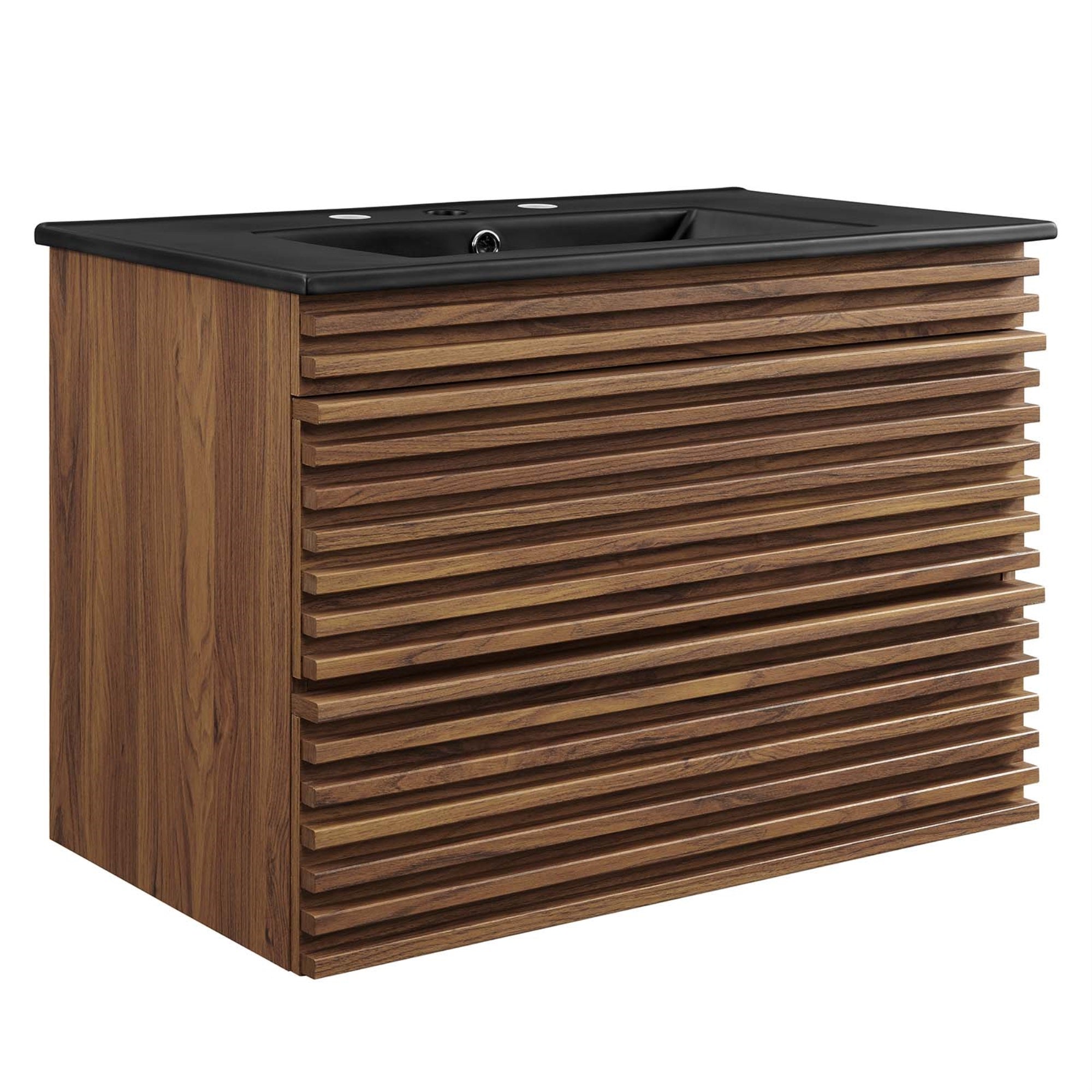 Ergode Vanity - 30'' Wall-Mount Bathroom Vanity with Ceramic Sink - Ample Storage - Mid-Century Modern Design - Walnut Grain Lam