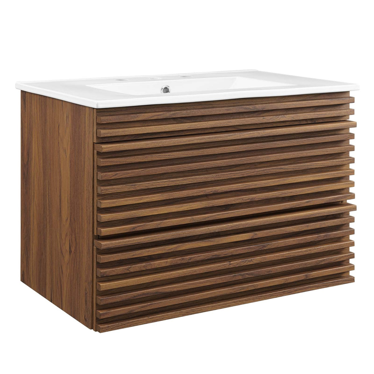 Ergode 30'' Mid-Century Modern Wall-Mount Bathroom Vanity - Walnut Grain Laminate, 2 Drawers, Ceramic Basin Top.