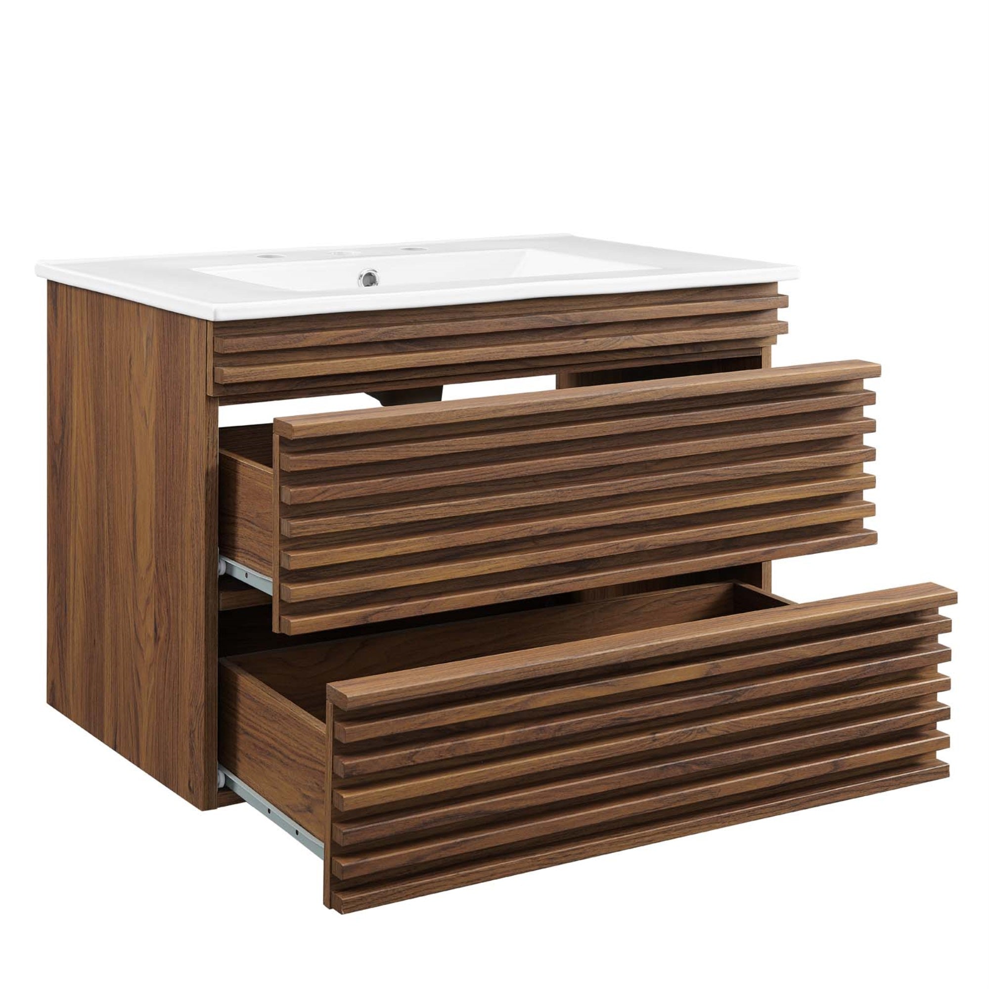 Ergode 30'' Mid-Century Modern Wall-Mount Bathroom Vanity - Walnut Grain Laminate, 2 Drawers, Ceramic Basin Top.