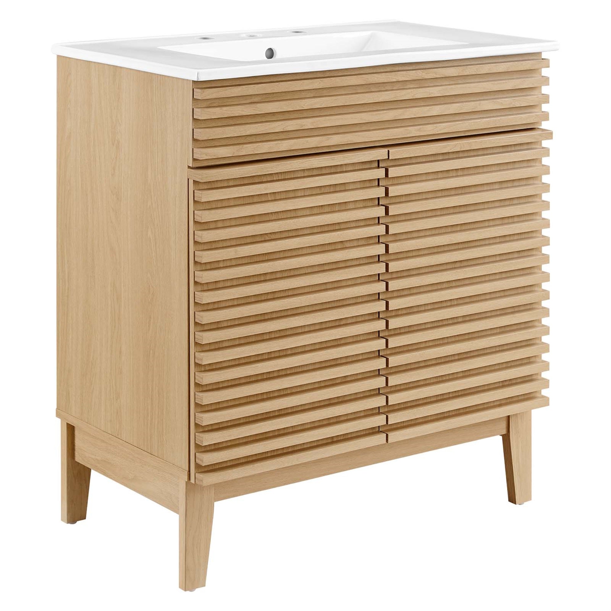 Ergode 30'' Mid-Century Modern Bathroom Vanity - Durable Frame, Adjustable Shelf, Soft-Close Doors, Ceramic Basin