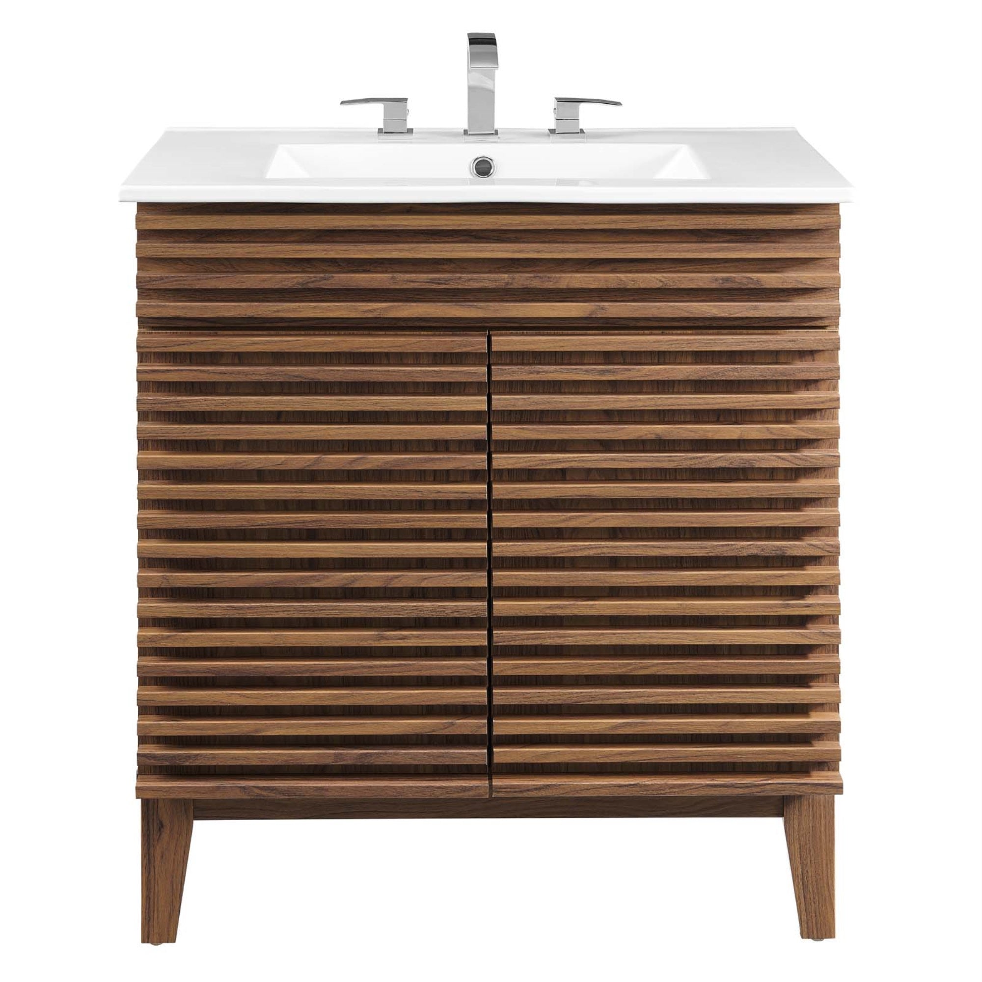 Ergode Mid-Century Vanity Set - 30'' Cabinet with Ceramic Basin, Adjustable Shelf, Elegant Design. Assembly Required. Fixtures N
