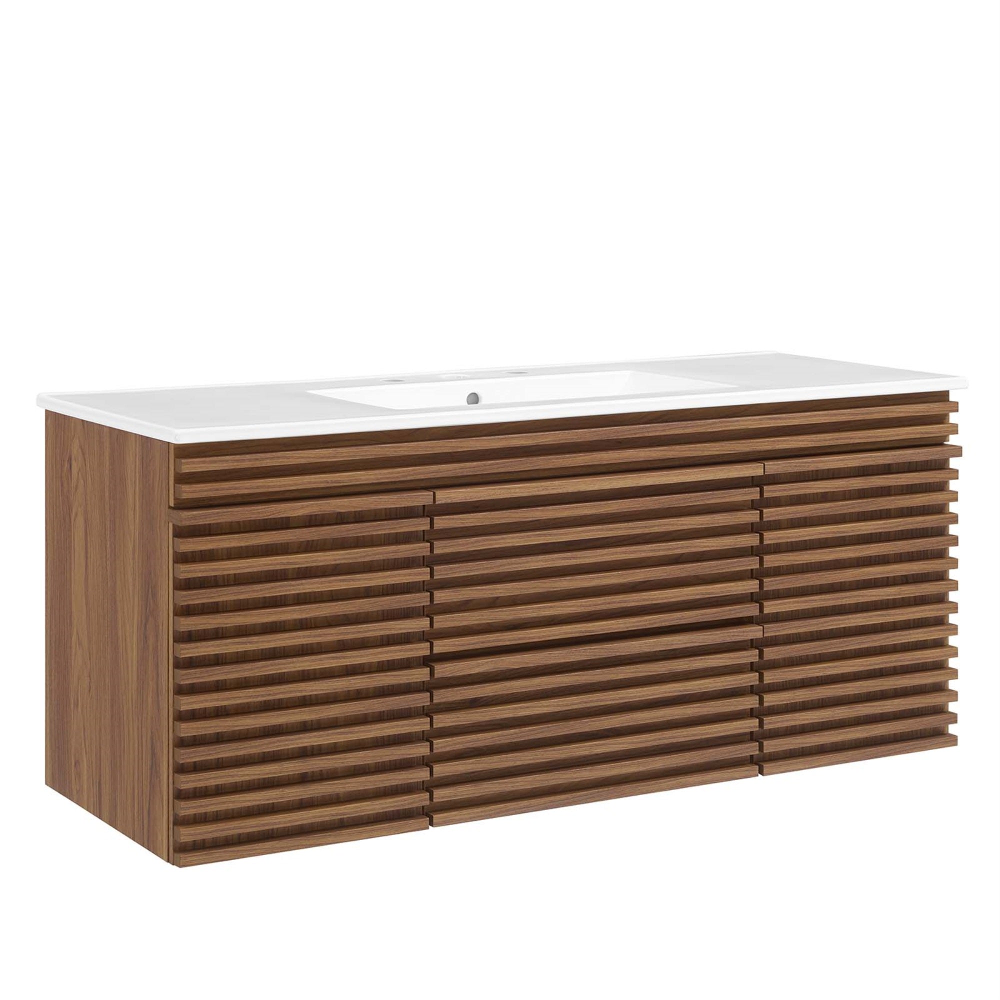 Ergode 48'' Wall-Mount Bathroom Vanity - Mid-Century Design, Ample Storage, Laminate Finish. Includes Ceramic Basin Top & Cabine