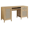 Ergode 63'' Office Desk - Rattan Weave Storage, Slide-Out Keyboard Tray, Concealed Storage, Durable MDF, Natural Wood Grain Fini