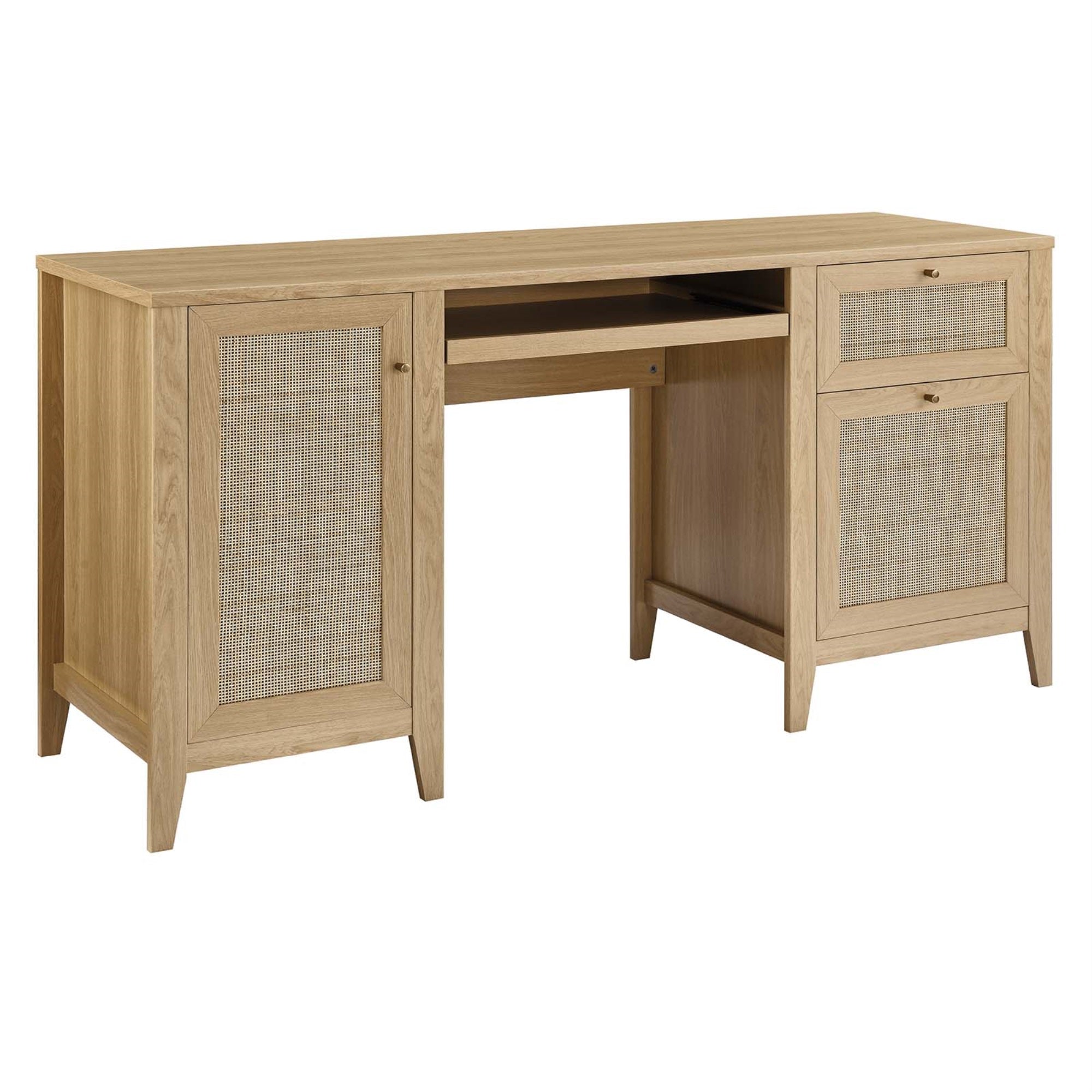 Ergode 63'' Office Desk - Rattan Weave Storage, Slide-Out Keyboard Tray, Concealed Storage, Durable MDF, Natural Wood Grain Fini