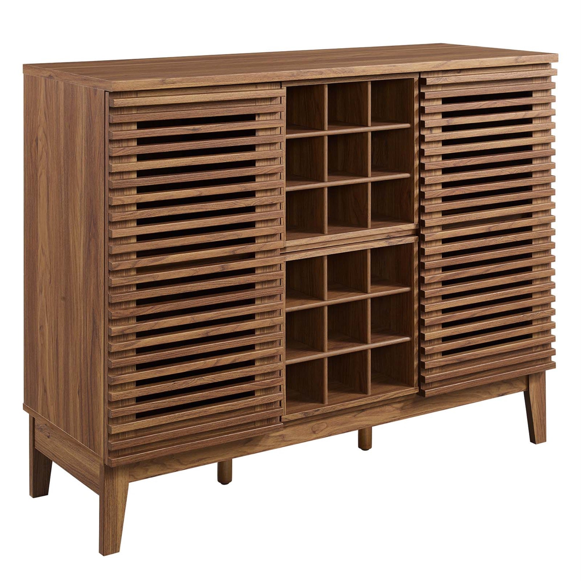 'Ergode Mid-Century Bar Cabinet with Wine Rack & Adjustable Shelves - Walnut Grain Laminate, Durable & Stylish Liquor Storage''