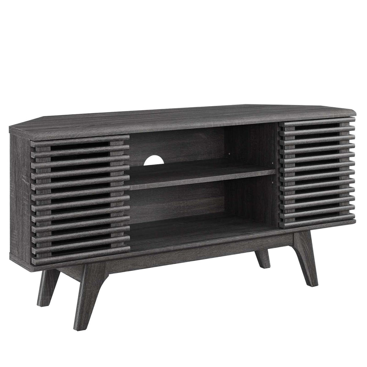 Yardlio 46'' Corner TV Stand - Mid-Century Style, Walnut Veneer, Adjustable Shelves