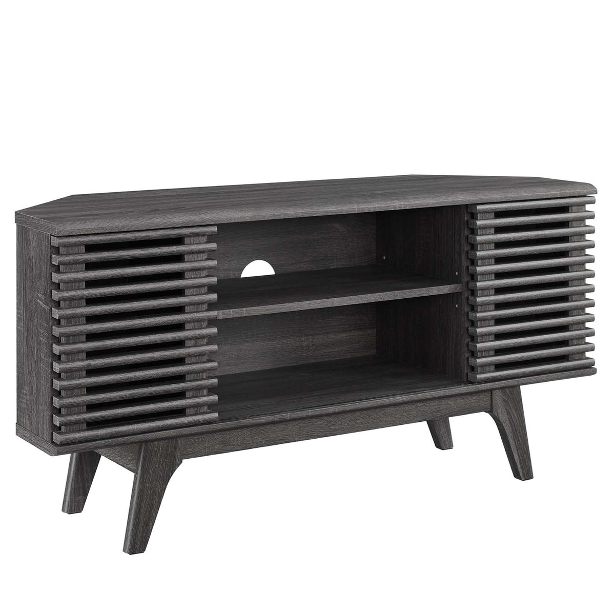 Ergode 46'' Corner TV Stand - Mid-Century Walnut Veneer, Adjustable Shelves, Sliding Doors, Cable Management - Fits TVs up to 50