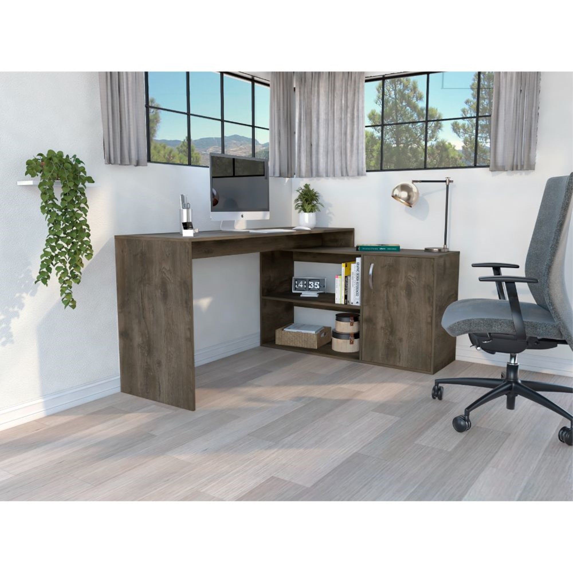 TUHOME Axis Desk, Countertop Desk, Two Internal Shelves, One Door Cabinet, Two Open Shelves, Dark Brown, For Livingroom