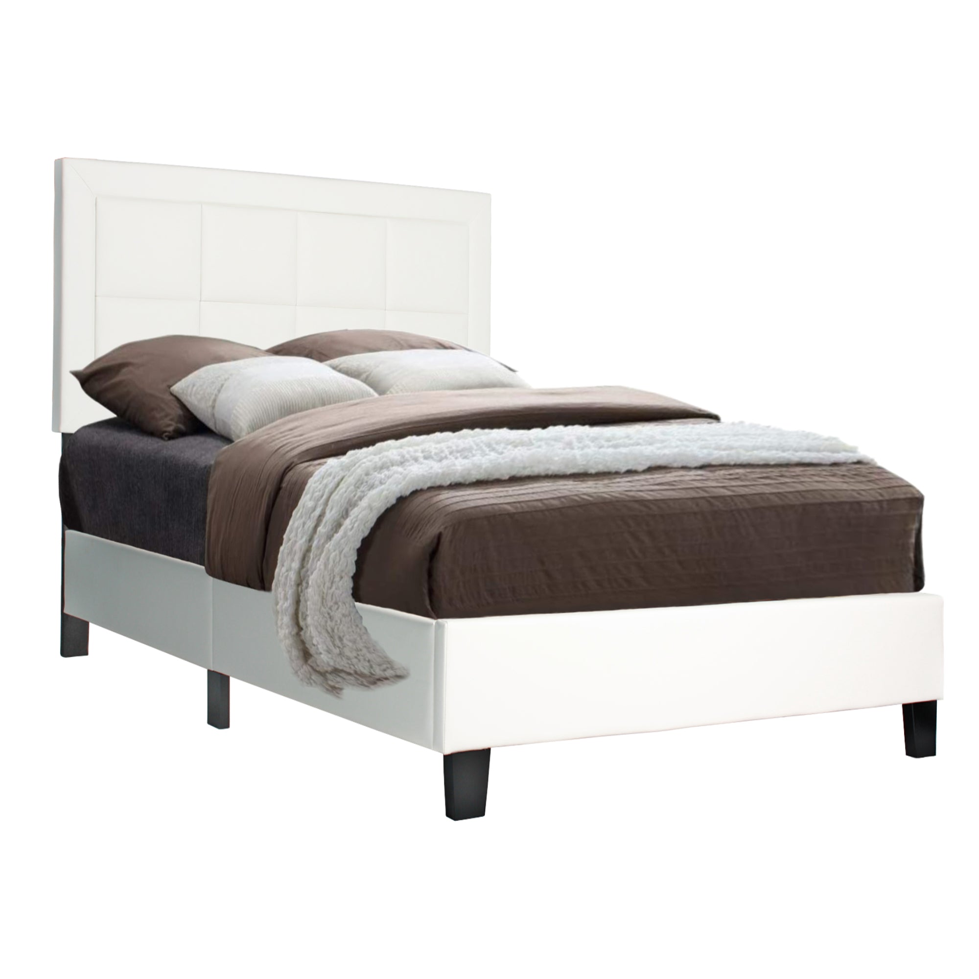 Better Home Products Elegant Faux Leather Upholstered Panel Bed Frame with Headboard & Wooden Slates, White, Twin