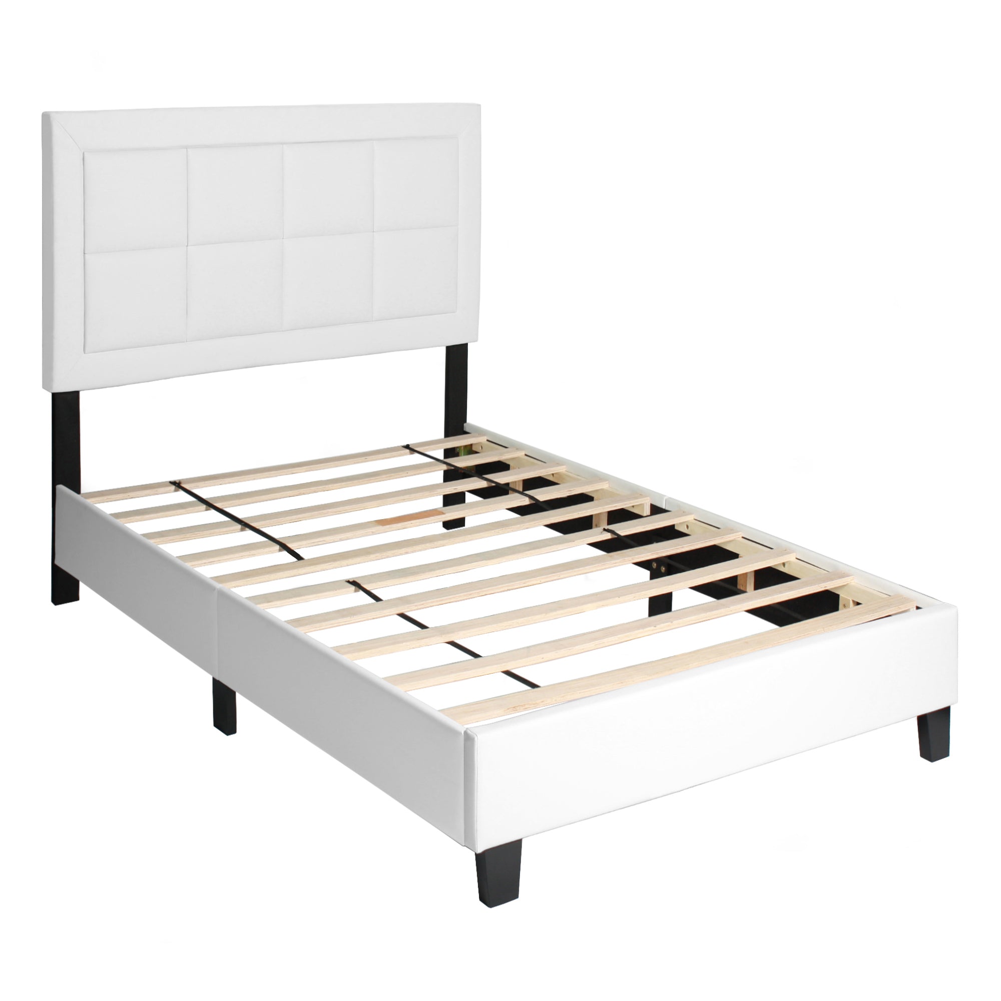 Better Home Products Elegant Faux Leather Upholstered Panel Bed Frame with Headboard & Wooden Slates, White, Twin