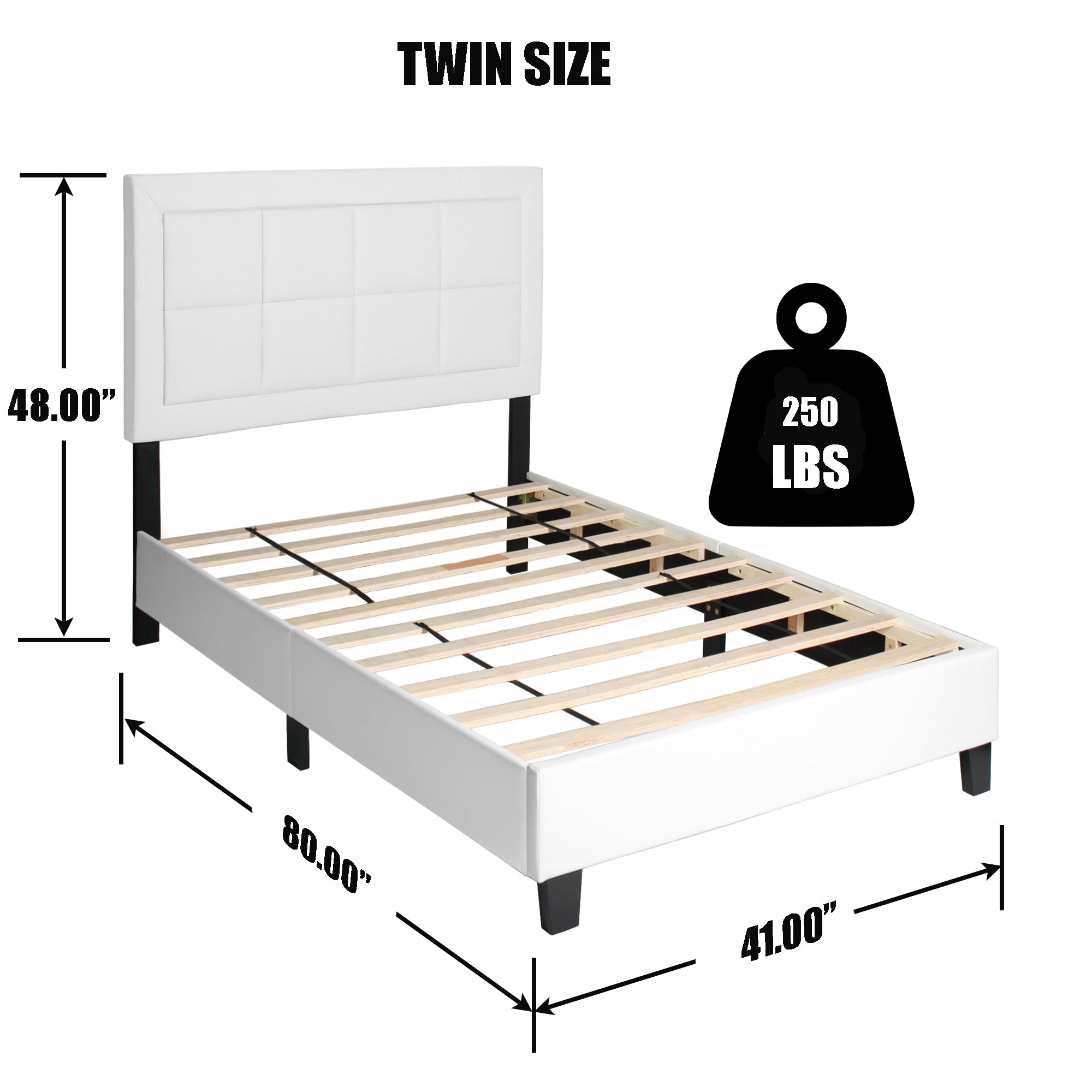 Better Home Products Elegant Faux Leather Upholstered Panel Bed Frame with Headboard & Wooden Slates, White, Twin