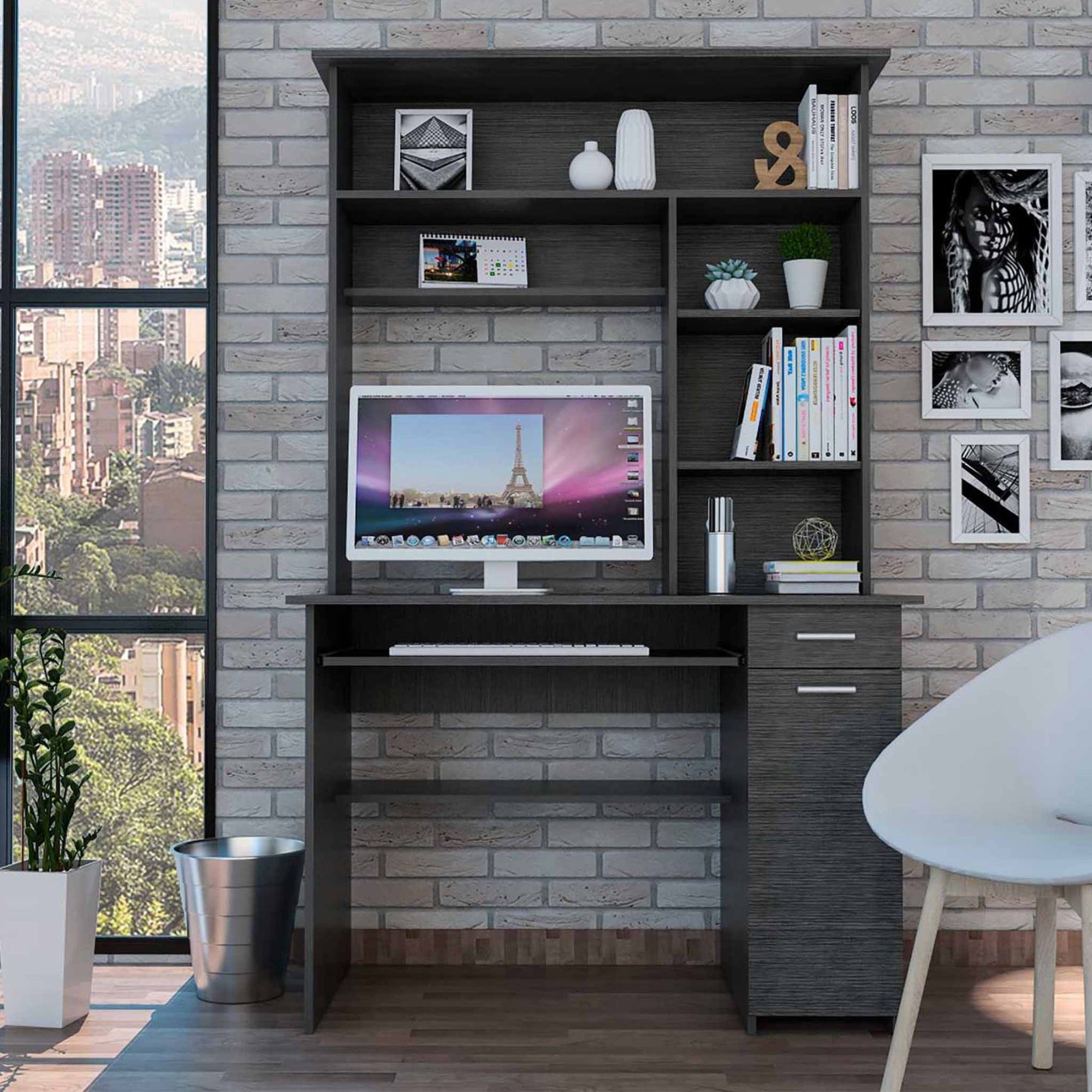 TUHOME Compu 180 Hutch Desk, Multiple Shelves, Retractable Keyboard Shelf, Door Panel For CPU, Countertop, One Drawer, Grey Oak,