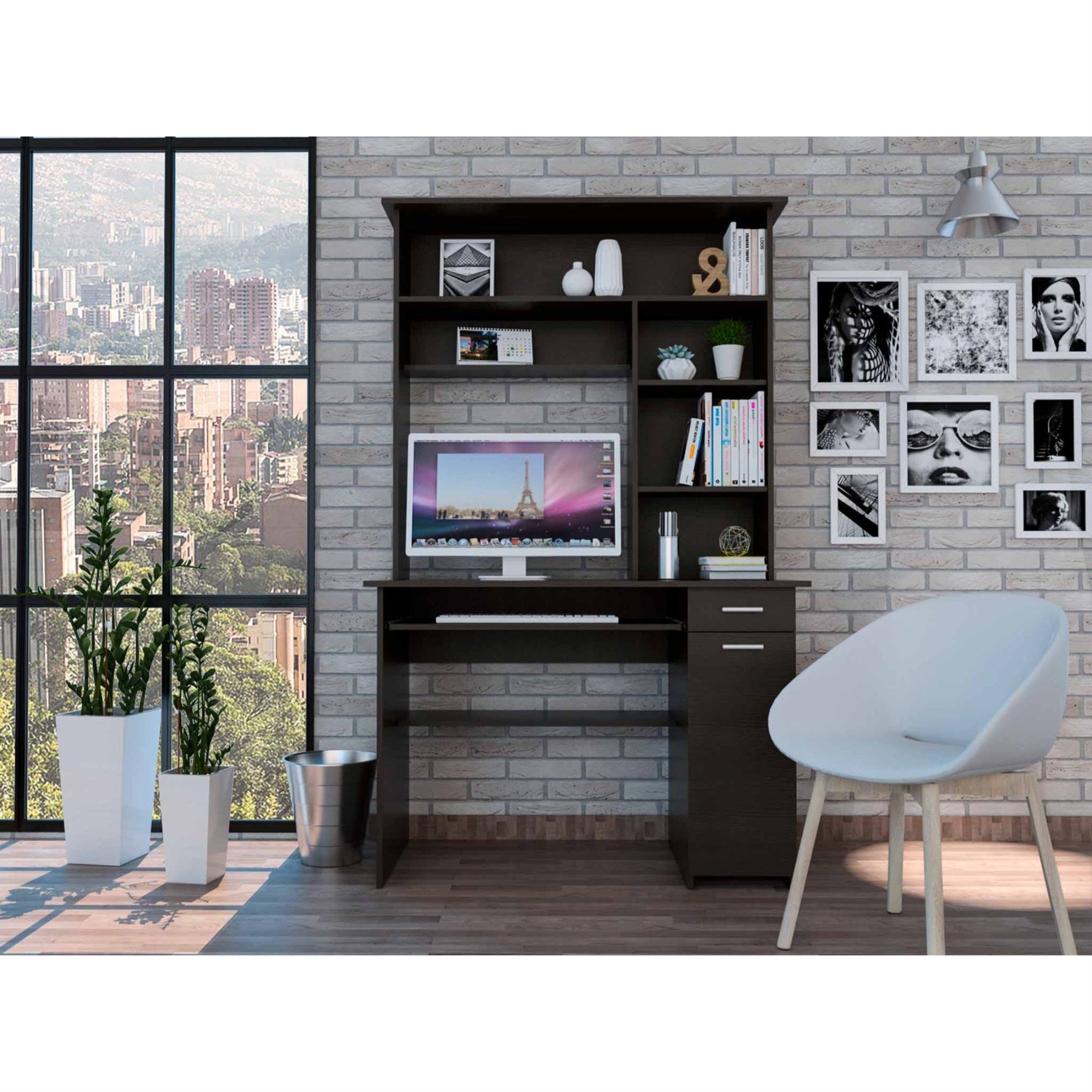 TUHOME Compu 180 Hutch Desk, Multiple Shelves, Retractable Keyboard Shelf, Door Panel For CPU, Countertop, One Drawer, Black, Fo
