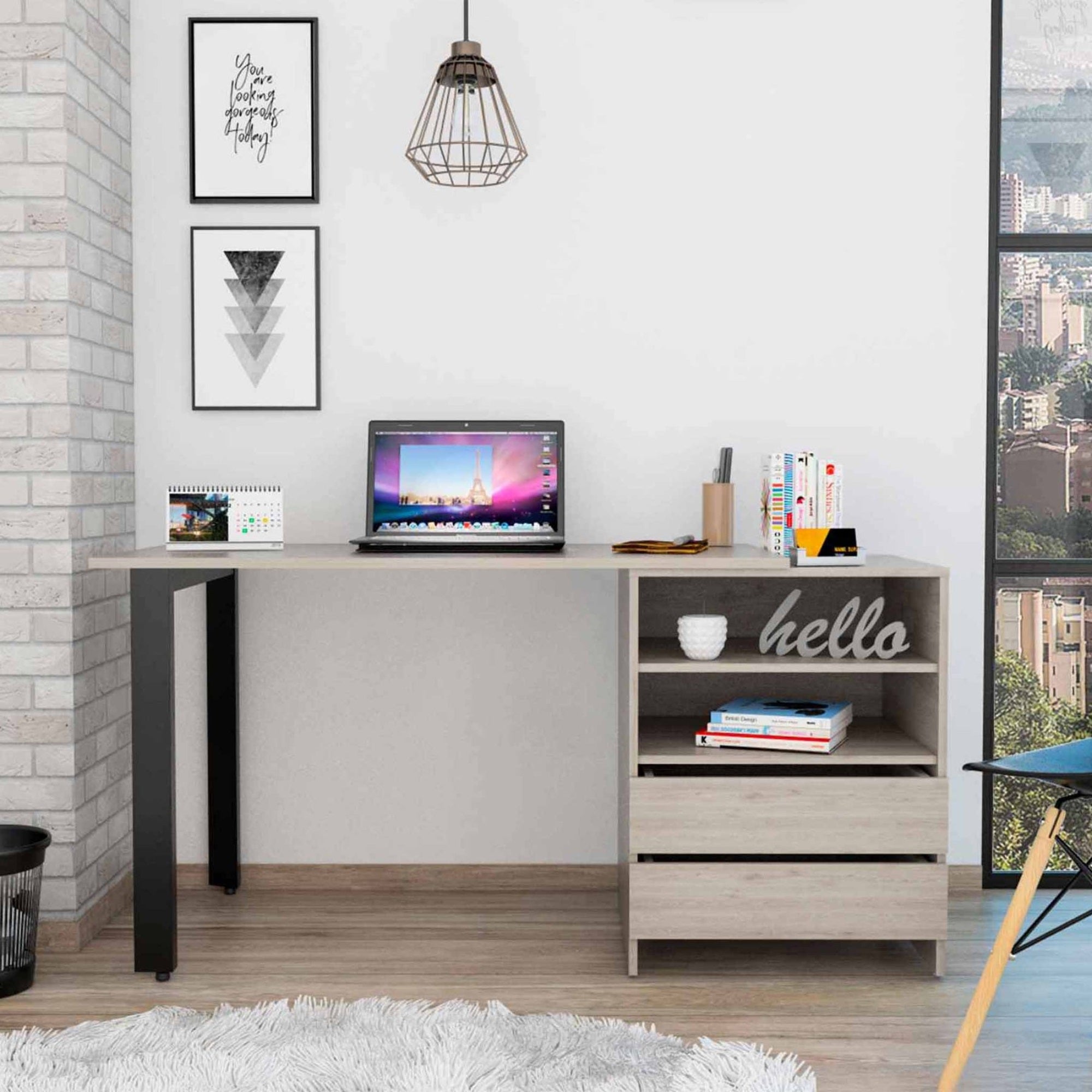 TUHOME Malaui 120 Desk, Countertop Desk, Two Legs, Two Drawers, Two Shelves-Light Grey, For Office