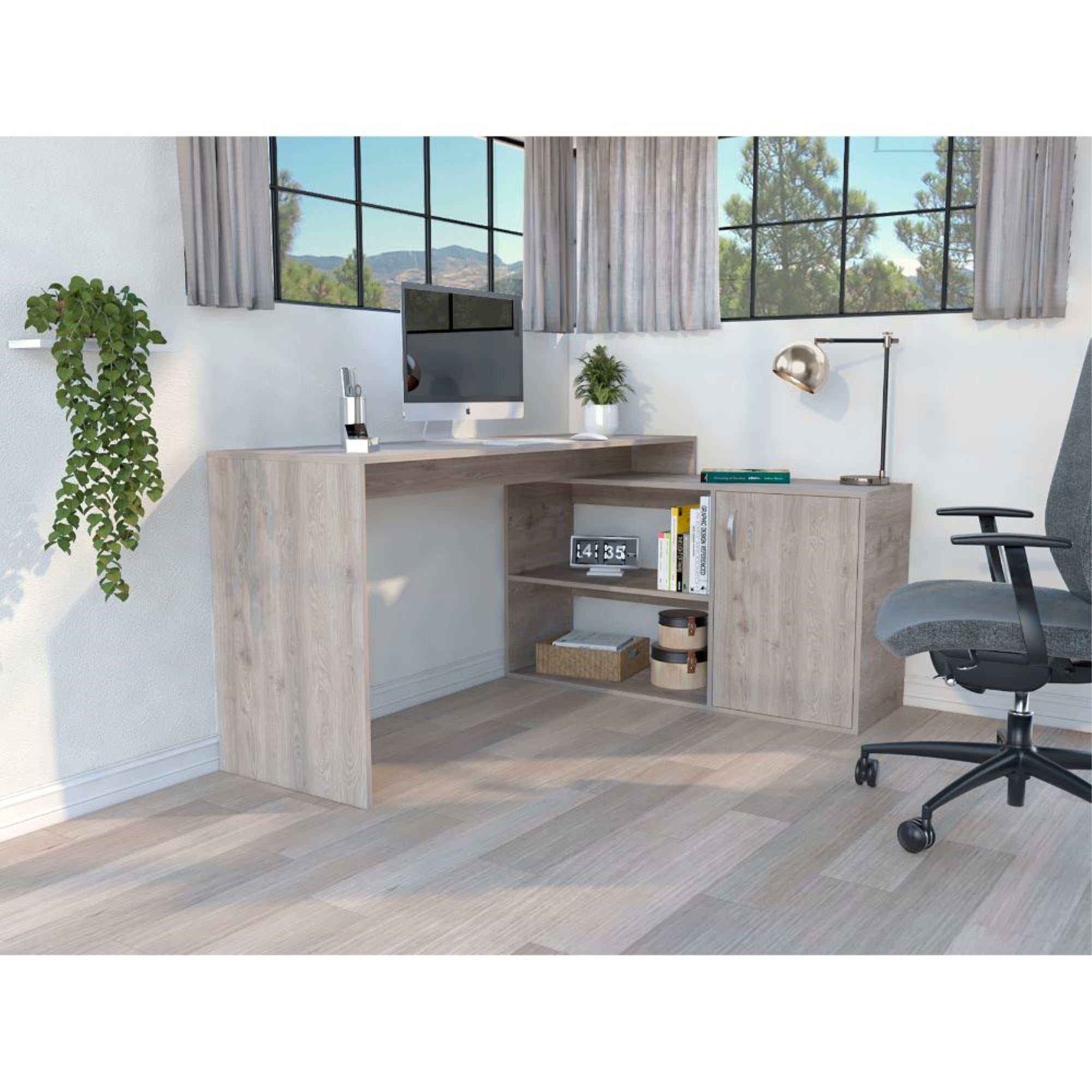 TUHOME Axis Desk, Countertop Desk, Two Internal Shelves, One Door Cabinet, Two Open Shelves, Light Grey, For Livingroom