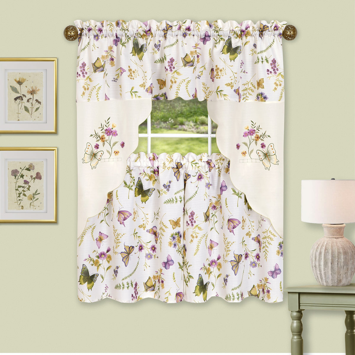 Enchanted Embellished Tier And Swag Set  Captivating Fairytale Ambiance, Delicate Foliage And Butterflies, Easy Installation, S