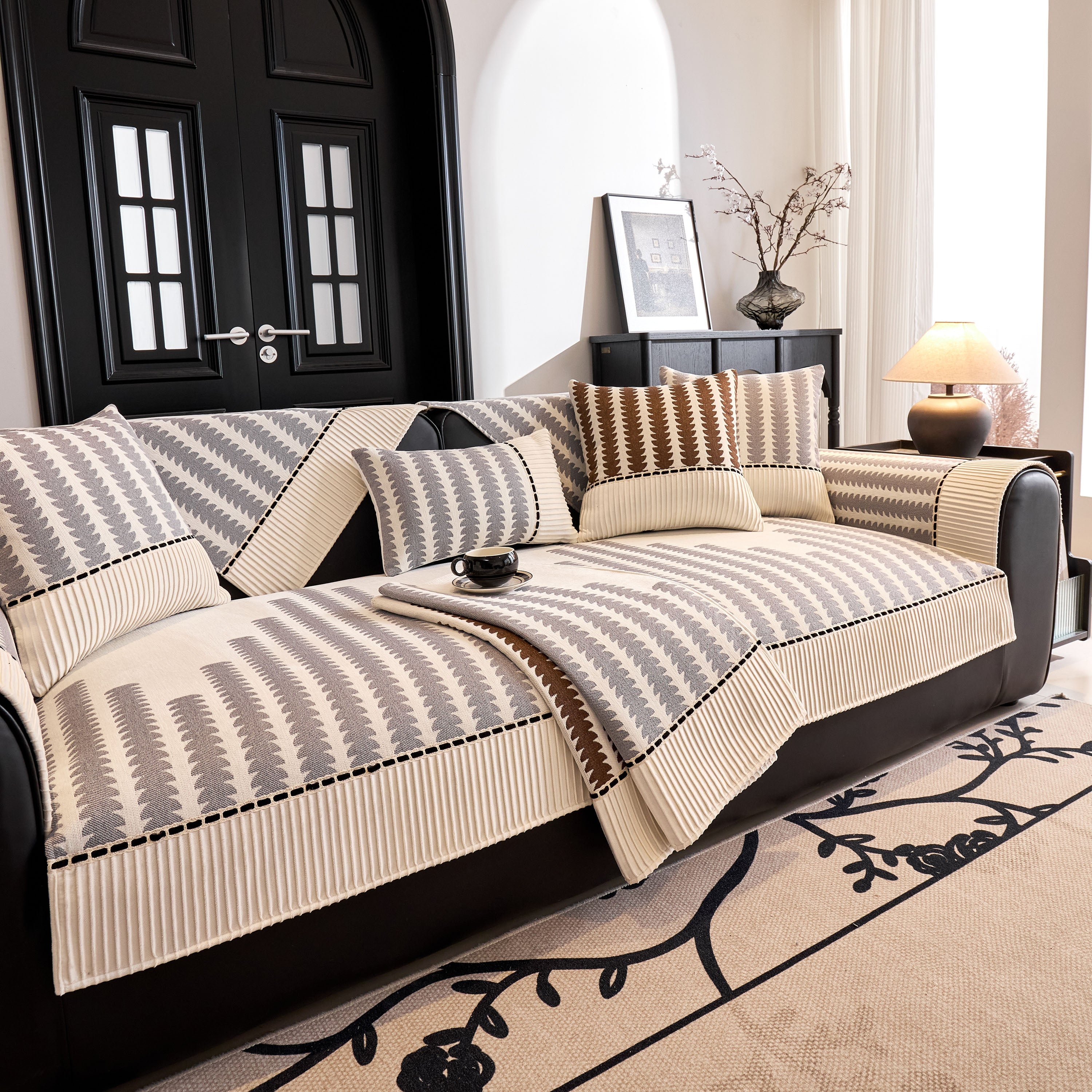Vertical Stripes Sectional Sofa Cover Slipcover - Non-Slip, Fits L-Shape Couches