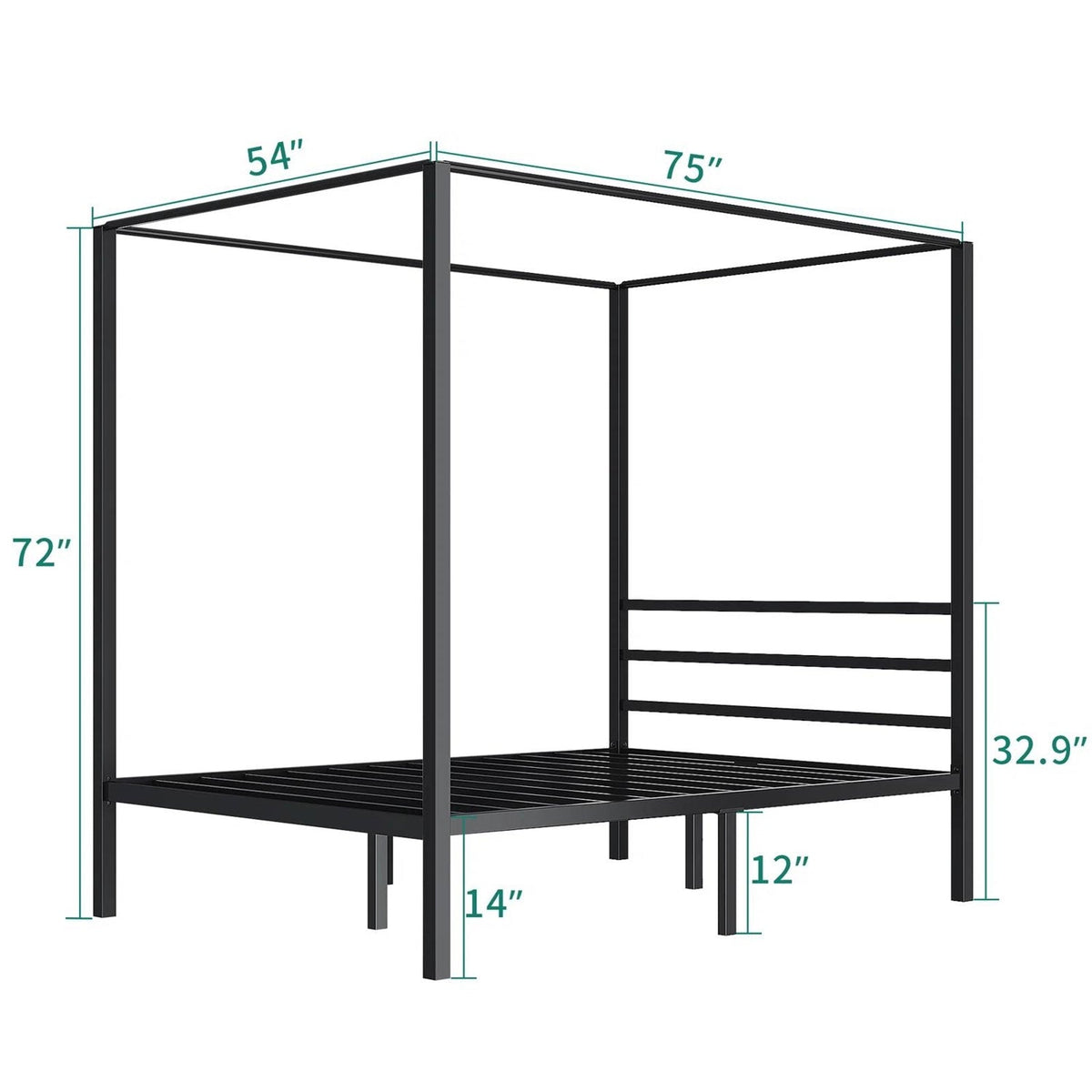 Full size Modern Four Poster Metal Canopy Bed in Black Finish