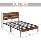 Full size Modern Farmhouse Metal Platform Bed Frame with Brown Wood Headboard