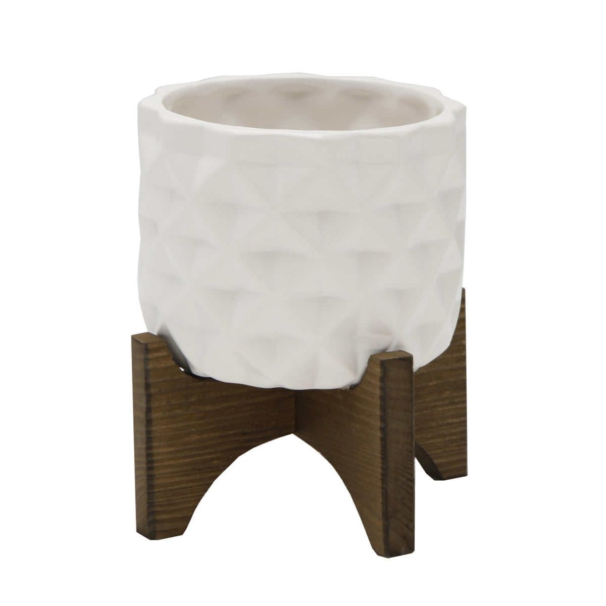 Flora Bunda Ct792E-Mtwh 5 In. Ceramic Dimple Pattern On Wood Stand  Matte White