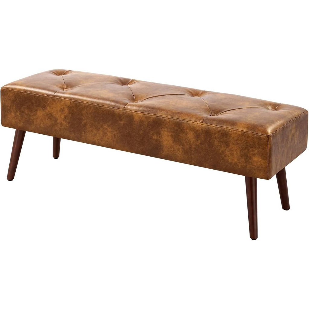 Mid-Century End of Bed Bench with Brown Leather Upholstered Seat Solid Wood Legs