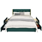 Full Size Green/Gold Linen Headboard 4 Drawer Storage Platform Bed