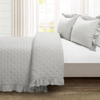 King Size Lightweight Grey Ruffle Reversible Oversized 3 Piece Quilt Set