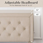Full Size Adjustable Height Platform Bed Frame with Beige Upholstered Headboard