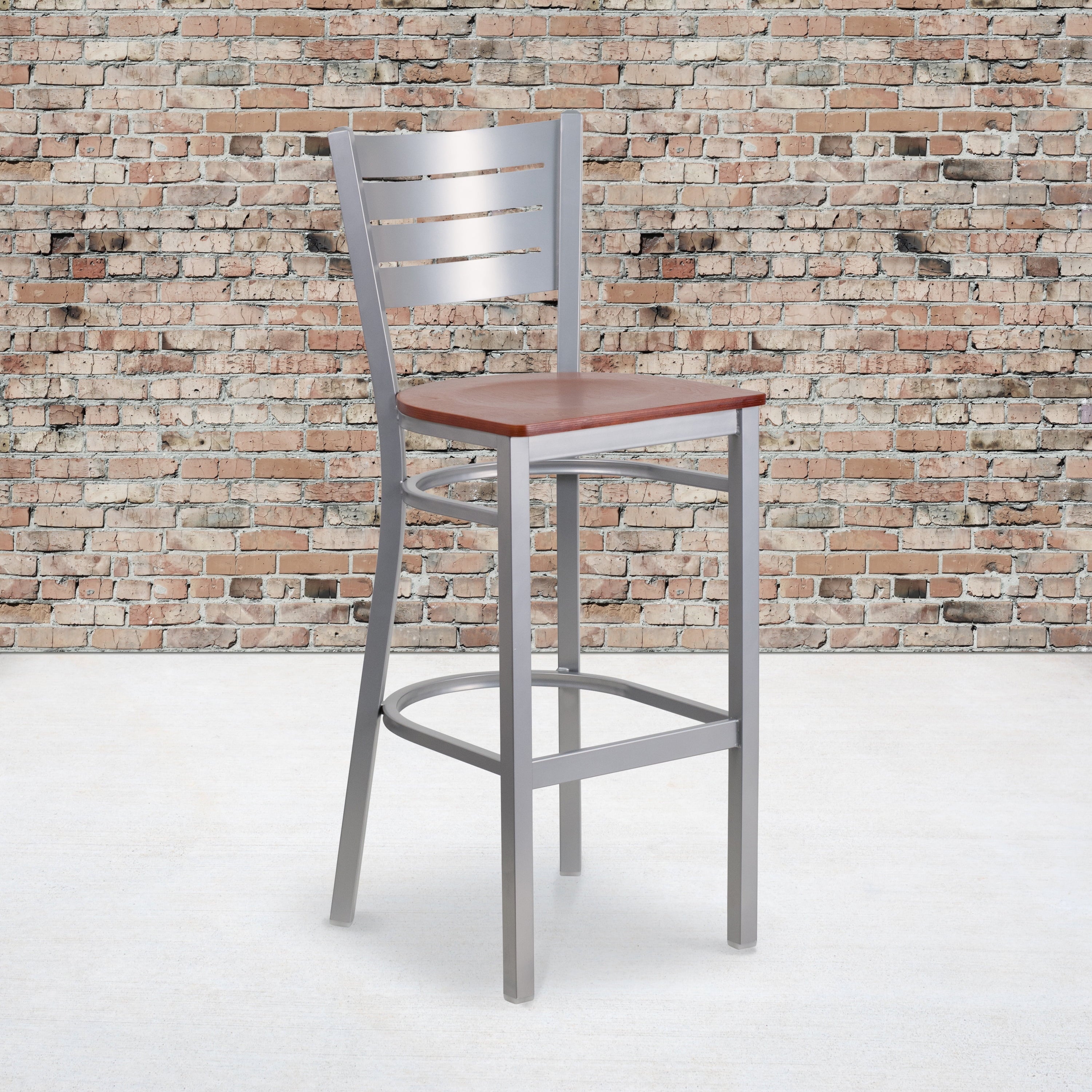 Flash Furniture 2 Pk. Hercules Series Silver Slat Back Metal Restaurant Barstool - Cherry Wood Seat