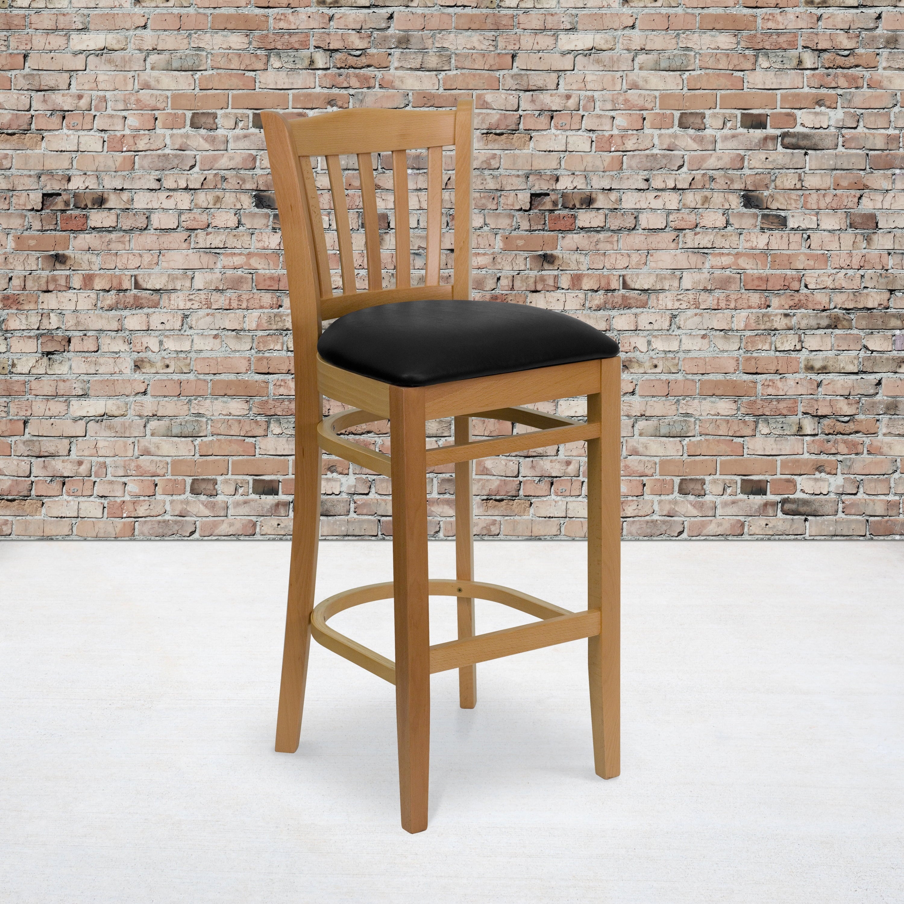 Flash Furniture 2 Pk. Hercules Series Vertical Slat Back Natural Wood Restaurant Barstool - Black Vinyl Seat