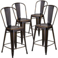 Flash Furniture Blake Commercial Grade 4 Pack 24 High Distressed Copper Metal Indoor-Outdoor Counter Height Stool With Back