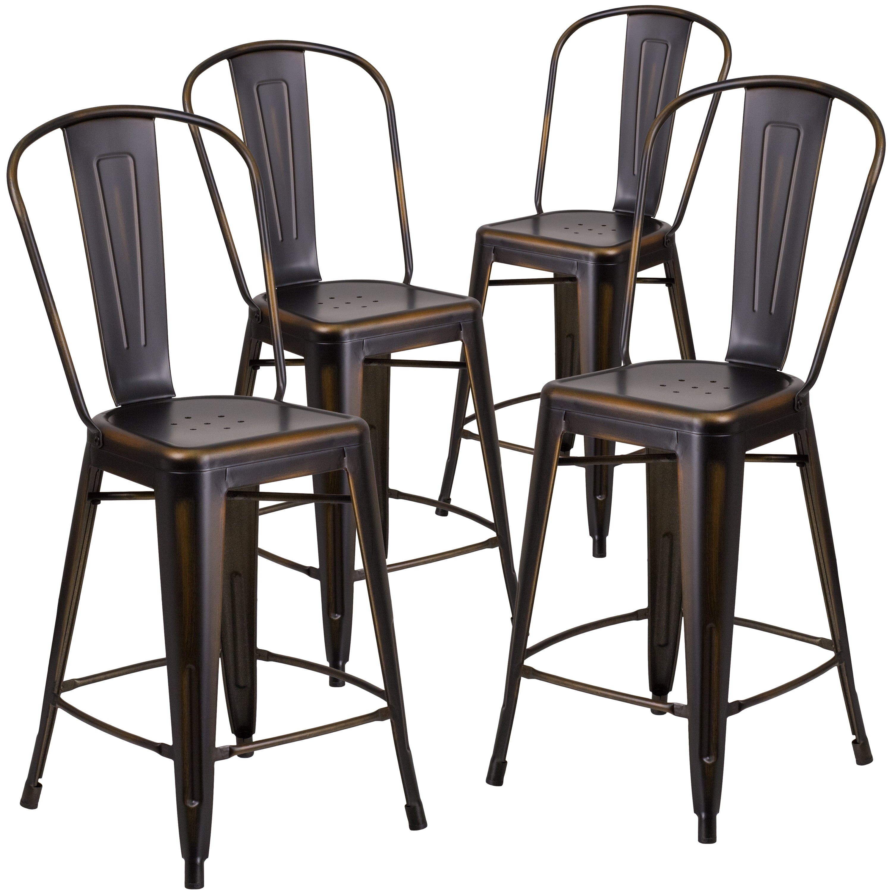 Flash Furniture Blake Commercial Grade 4 Pack 24 High Distressed Copper Metal Indoor-Outdoor Counter Height Stool With Back
