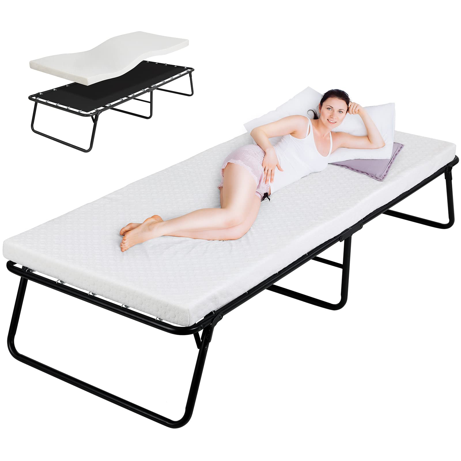 Folding Bed Rollaway Bed with Mattress for Adults – Foldable Bed, Portable Bed, Metal Bed Frame with Memory Foam Mattress, Guest Bed
