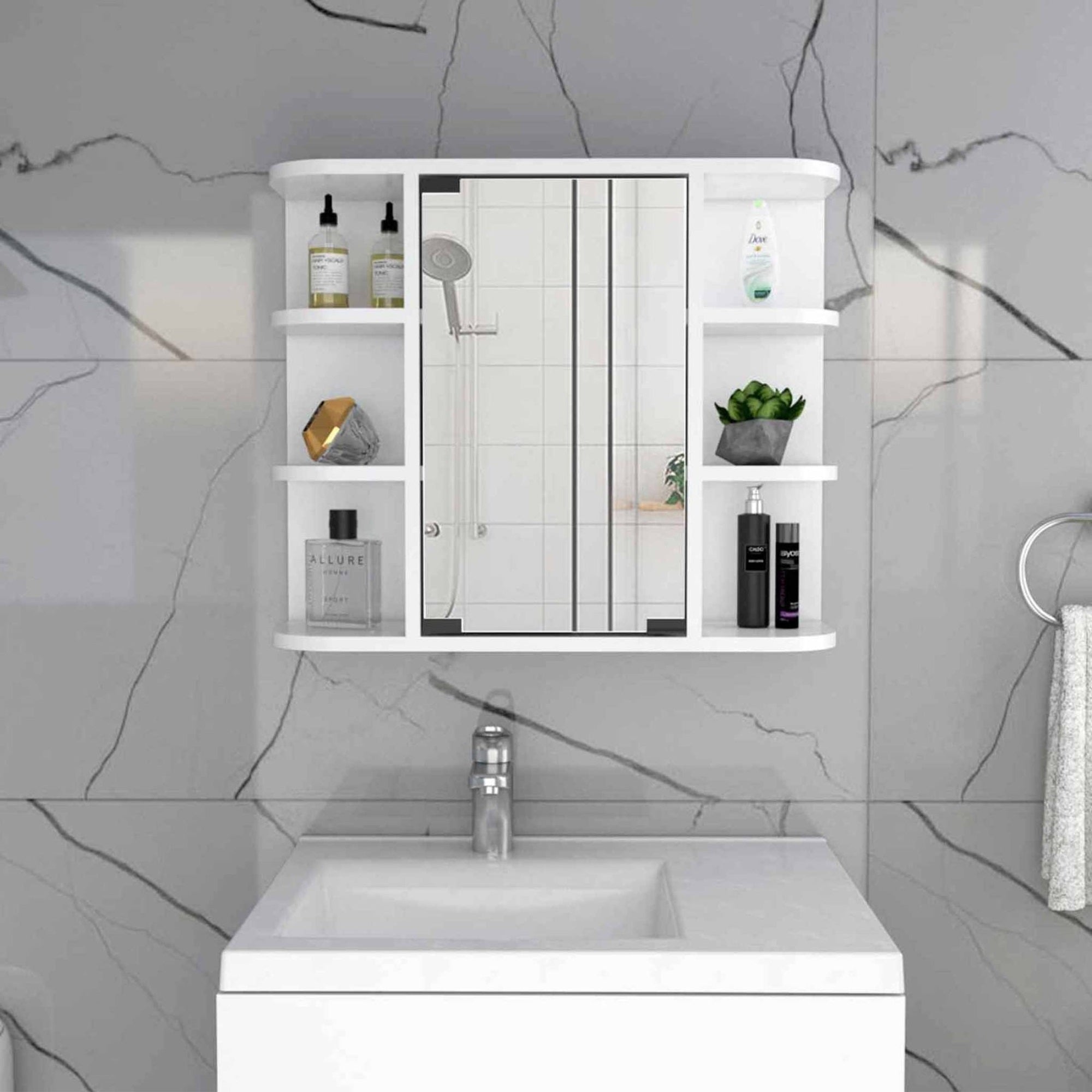 TUHOME Milan Medicine Cabinet, Six External Shelves Mirror, Three Internal Shelves, White, For Bathroom