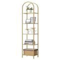 Arched Top Gold Metal Display Rack Narrow Bookcase with 5 Glass Storage Shelves