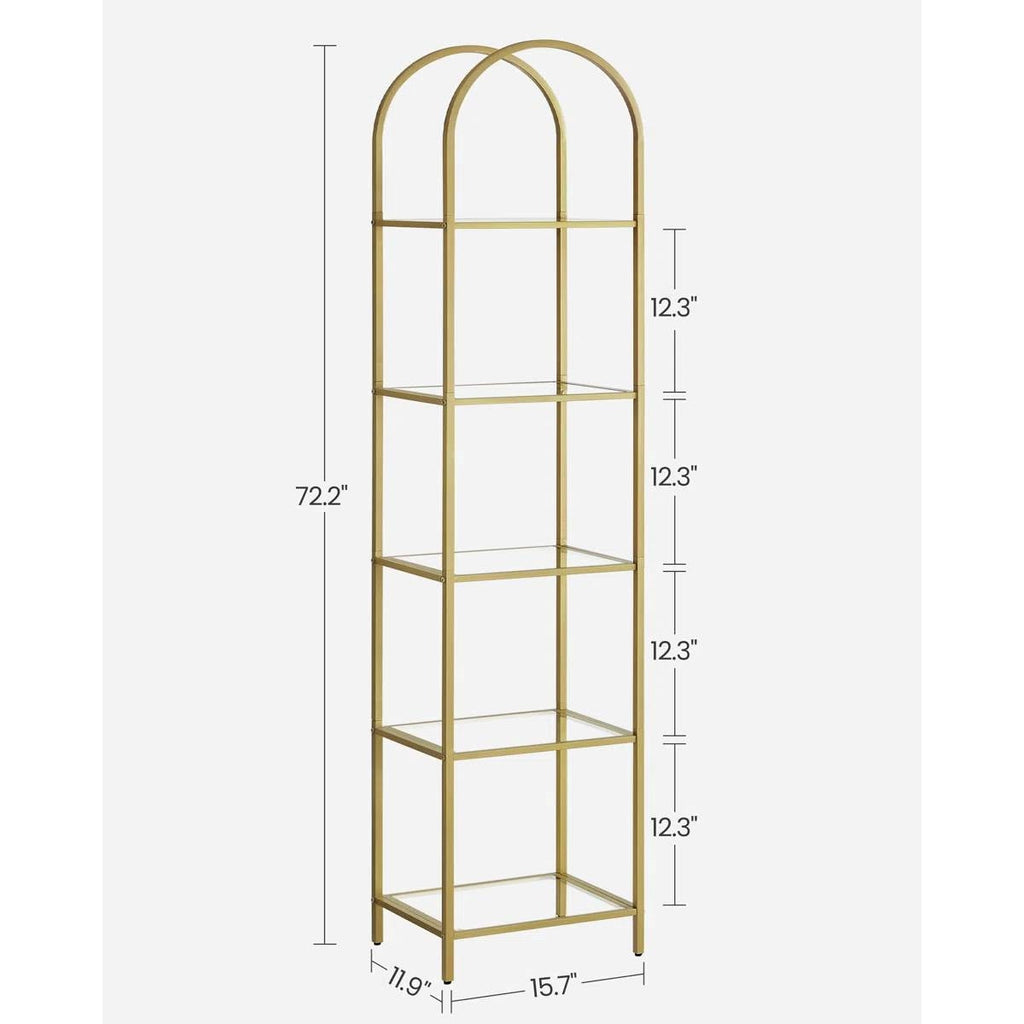 Arched Top Gold Metal Display Rack Narrow Bookcase with 5 Glass Storage Shelves