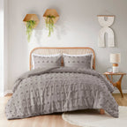 King/Cal King 3-Piece Grey Microfiber Comforter Set with Decorative Pompoms