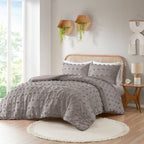 King/Cal King 3-Piece Grey Microfiber Comforter Set with Decorative Pompoms