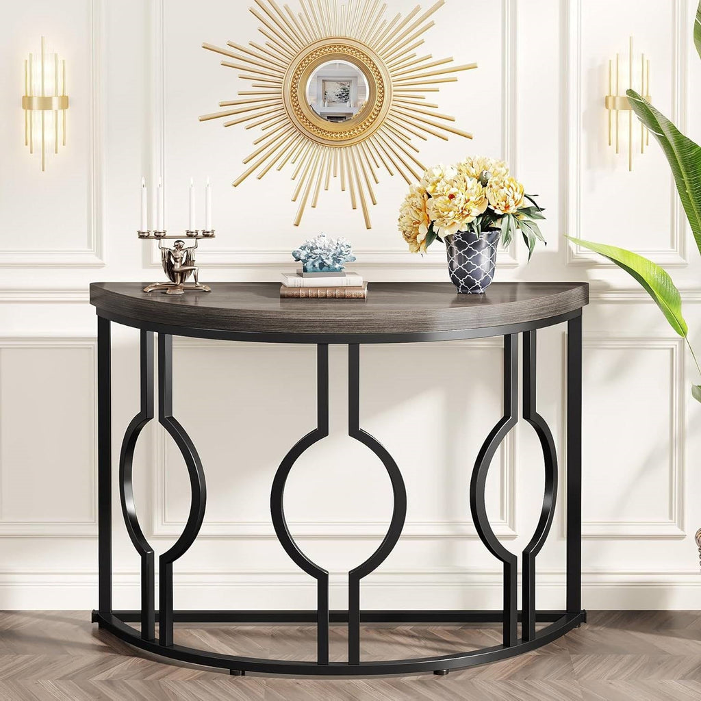 Modern 43-inch Half Moon Accent Sofa Table with Grey Wood Top Black Frame