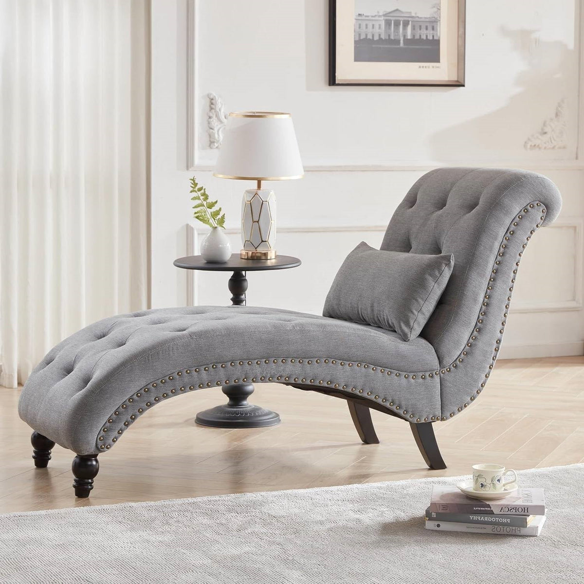 Grey Linen Upholstered Armless Chaise Lounge Chair with Pillow