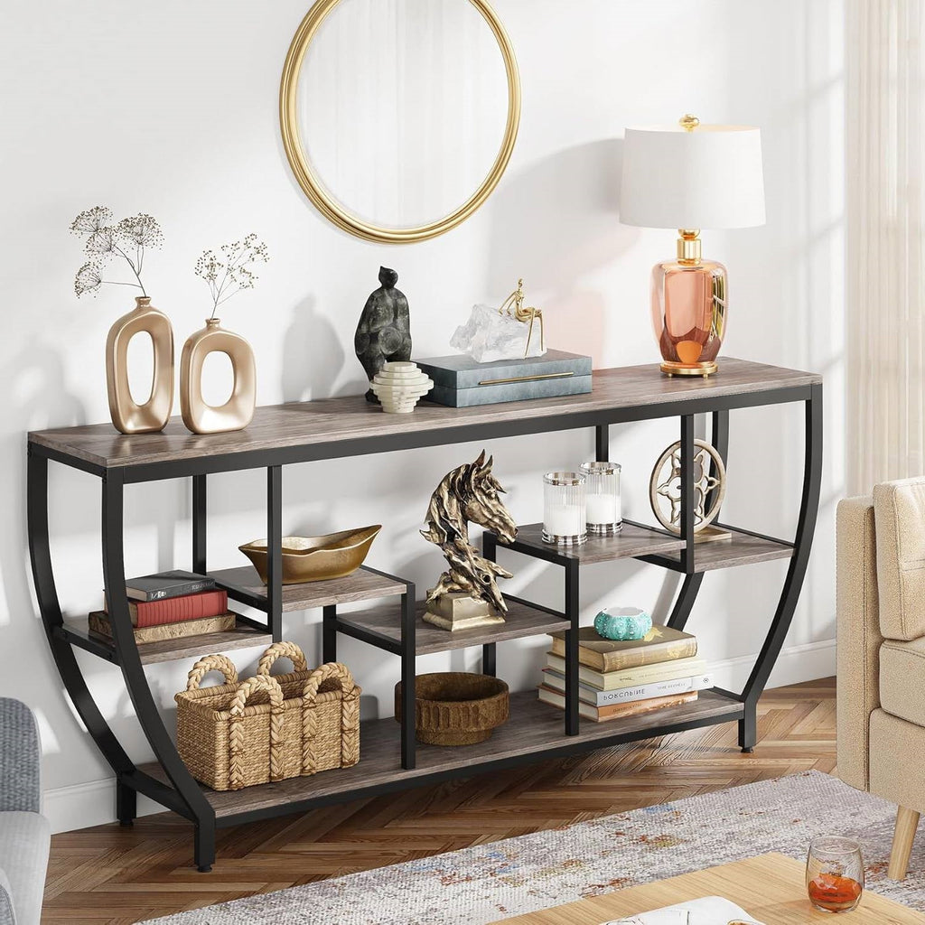Industrial Chic 70-inch Long Narrow Console Sofa Table with Gray Wood Shelves