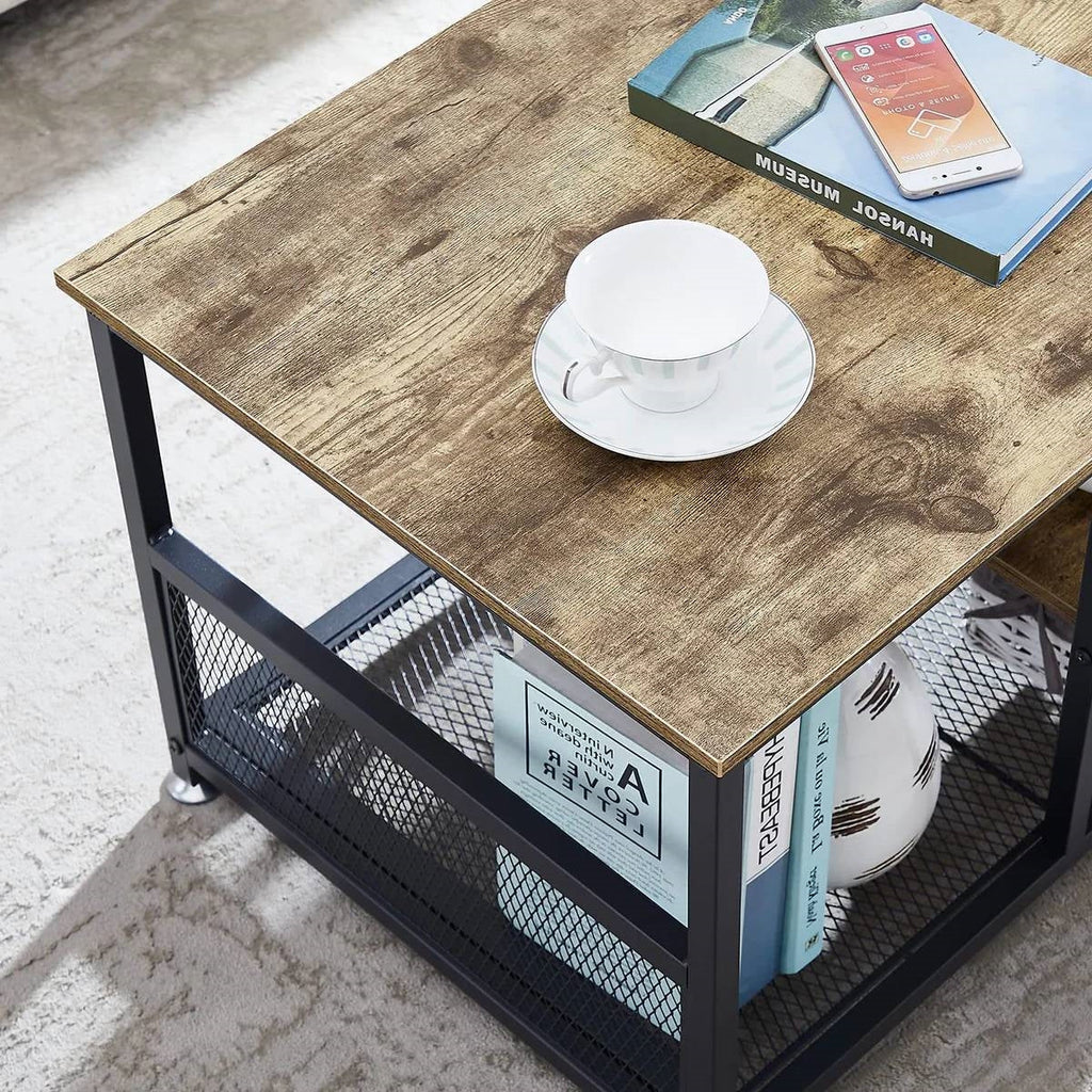 Modern Industrial Metal Grey Wood Coffee Table with Bottom Storage Shelves