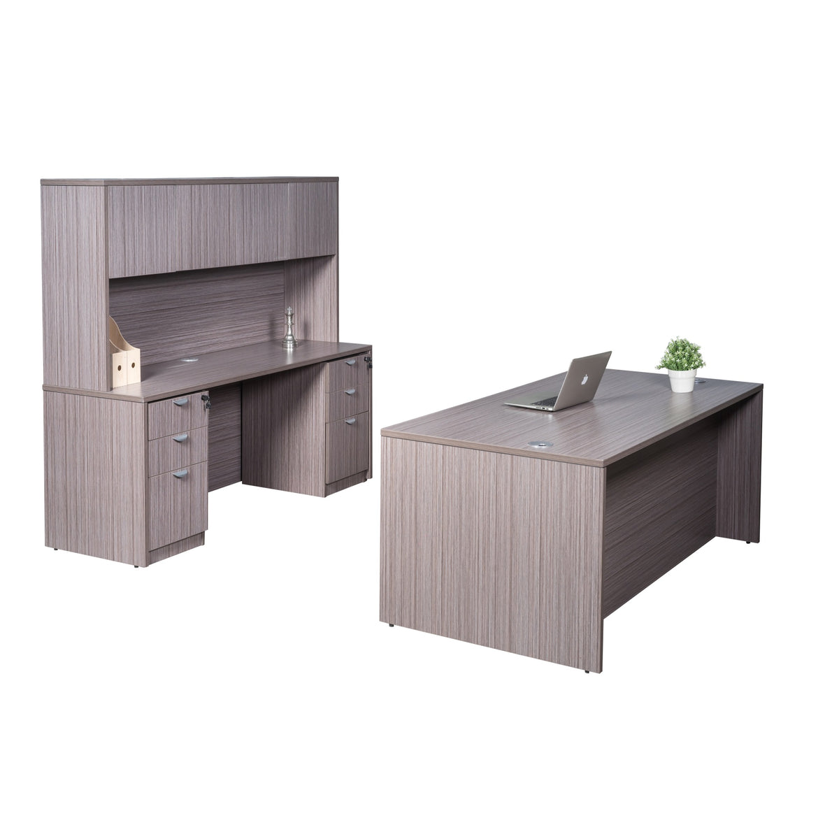 Boss Office Products 66 Inch Executive Office Suite With 2 Box/Box/File Storage Pedestals, Credenza And 4 Door Hutch, Driftwood