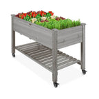 Outdoor Grey Wood Raised Garden Bed Planter Box with Shelf and Locking Wheels